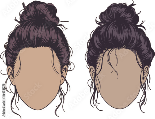 Vector Illustration Set of Women's Messy Bun Hairstyles with Facial Outlines for Beauty Salon and Fashion Branding