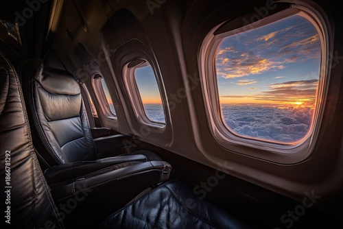 Interior view from airplane looking at sunset through windows, luxurious leather seating