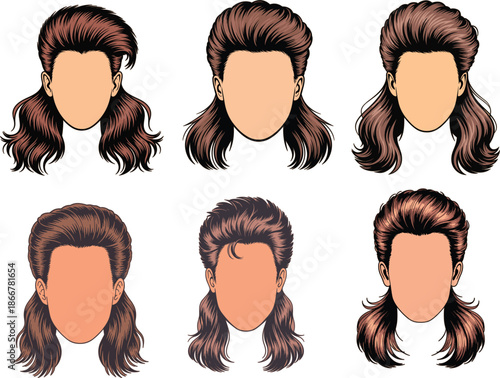 Vintage eighties retro mullet hairstyle set for men in hand drawn ink sketch style with brown hair