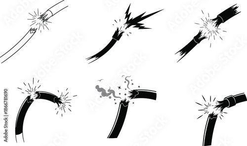 Broken electric cable vector, spark discharge illustration, damaged wire silhouette, electrical hazard icon, short circuit design, safety warning graphic