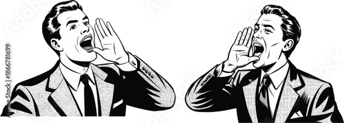 Vintage pop art style man shouting and making an announcement in classic black and white comic illustration