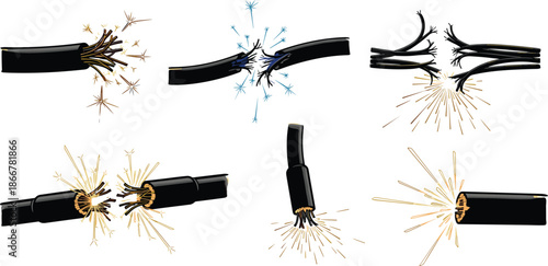 Broken electrical wire with sparks, damaged power cable set, short circuit illustration, industrial electricity danger, maintenance and repair concept icons