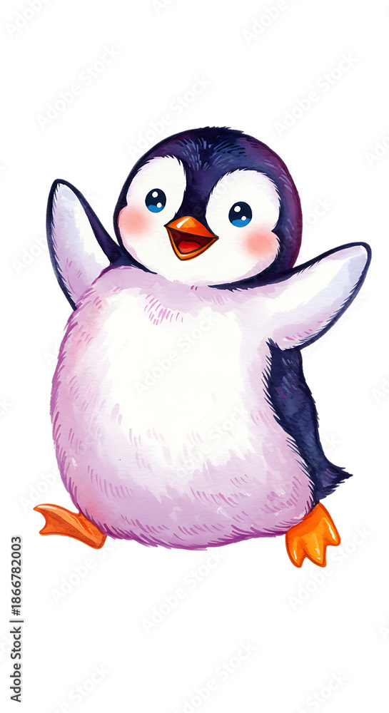 Fototapeta premium Adorable Watercolor Penguin Illustration with Cheerful Expression and Raised Flippers png alpha channel isolated on transparent background