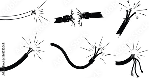 Broken electrical wires, sparking damage, frayed conductors, short circuit, safety hazard, electric failure, danger icon, technical illustration, power risk, warning sign