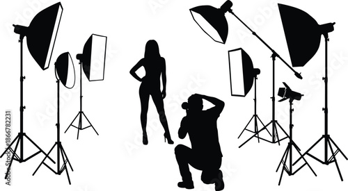 Professional, photography, studio, silhouette, model, posing, with, photographer, and, lighting, equipment, fashion, photoshoot, creative, setup, black, white, vector, illustration, design