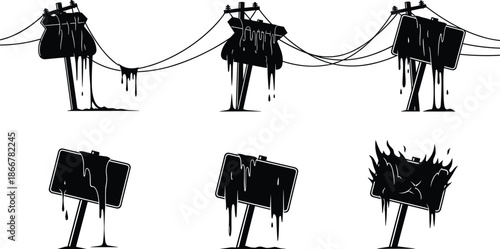 Burning signs, damaged poles, dripping infrastructure, silhouette decay, urban hazard, post-apocalyptic style, warning icon, black vector, destruction, environmental metaphor