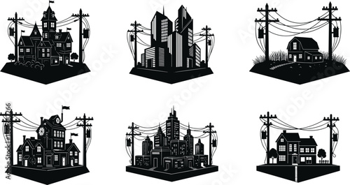 Building silhouette, utility pole, power line, urban rural mix, infrastructure network, black vector, electricity grid, settlement types, architectural contrast, energy connection