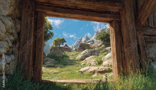 Stone and wooden arch frames a picturesque mountain village under a bright, sunny sky