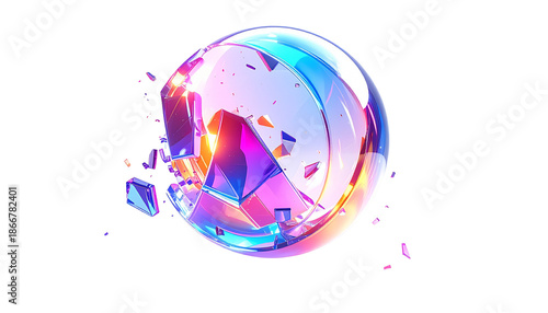 Shattered iridescent orb with sharp fragments on a black background