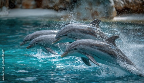 Four dolphins leaping out of clear turquoise water, splashing wildly in the air