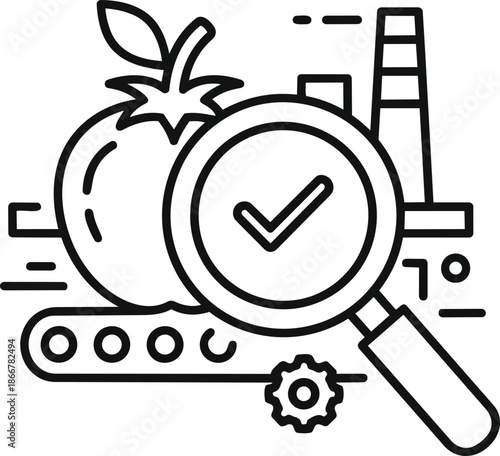 Tomato Quality Control Inspection with Magnifying Glass and Factory Elements.
