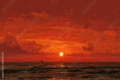 A vibrant sunset over an ocean, sky ablaze with fiery hues, and small ship