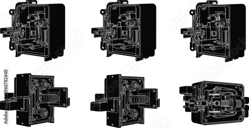 Circuit breaker illustration, electrical component views, technical device angles, mechanical switch design, industrial equipment, engineering diagram, black and white