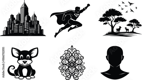 City skyline, superhero silhouette, deer under tree, dog icon, floral ornament, human head, black vector, minimal illustration