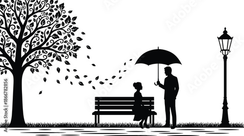 Romantic silhouette couple under umbrella on park bench with falling leaves tree and street lamp autumn illustration vector design concept