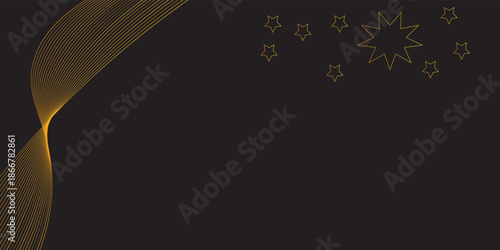 Abstract black background with elegant golden wave lines and star elements