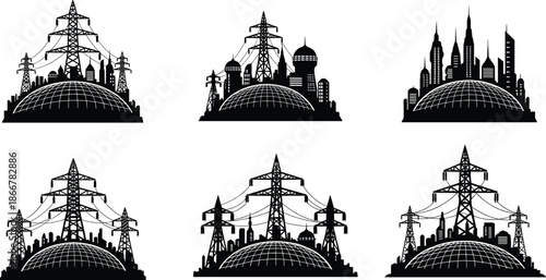 Cityscape silhouette, power towers, urban globe, energy infrastructure, black white vector, global connectivity, modern buildings, dome architecture, transmission lines, stylized skyline