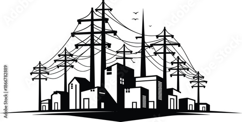 Cityscape silhouette, transmission tower, power line network, urban infrastructure, electricity distribution, vector illustration, black shape, energy grid, skyline design, industrial zone