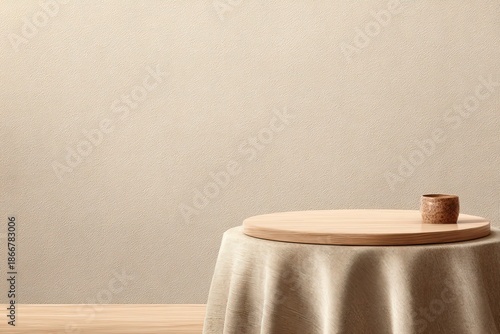 Simple, minimalist, warm-toned studio shot with small table, neutral backdrop, and pottery