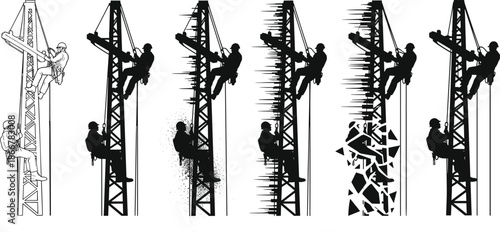 Climber silhouette, transmission tower, abstract transformation, motion sequence, industrial structure, emotional decay, vector art, conceptual design, urban metaphor, minimal style