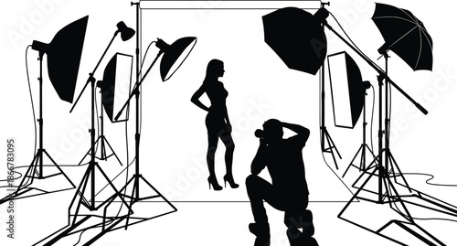 Professional, photography, studio, silhouette, fashion, model, posing, with, photographer, lighting, equipment, creative, photoshoot, backdrop, setup, black, white, modern, vector, illustration