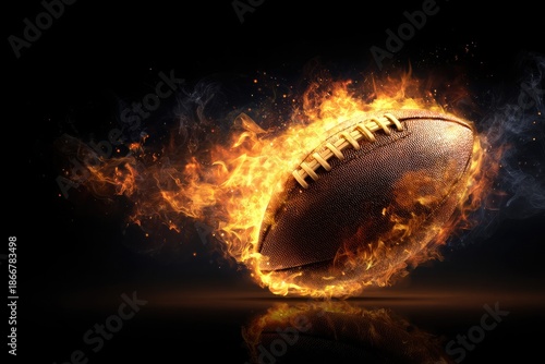 A football on fire against a black background, with glowing flames and smoke