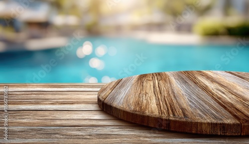 Wooden surface in foreground with blurred pool and foliage in background, sunny