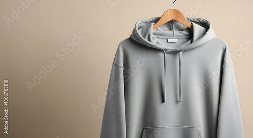 Comfortable Grey Hoodie Hanging on a Wooden Hanger Against a Beige Background