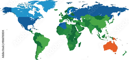 World Map Divided into Color-Coded Regions.