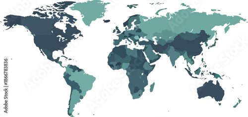 World Map Showing Different Countries With Color Variations.