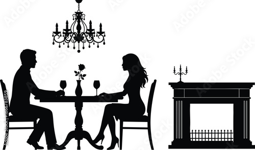 Romantic, silhouette, couple, dining, indoors, candlelit, table, chandelier, fireplace, elegant, dinner, date, night, love, scene, black, white, vector, illustration, design