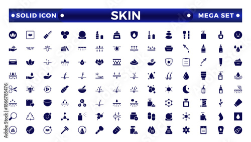 Skin care solid icons set. Moisture cream, acid, anti-wrinkle serum, ceramide, collagen, retinol compound, sunscreen vector illustration.