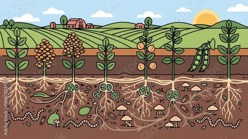 Detailed illustration of plant growth stages with roots and soil ecosystem