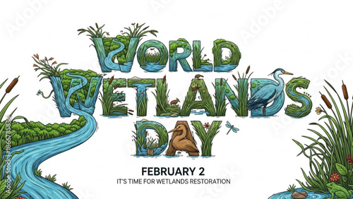 World wetlands day illustration with river plants and heron on white background