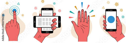 Set of Flat Vector Illustrations Featuring Hands Using Smartphones and Touchscreen Gestures Isolated on White Background for Mobile App Design