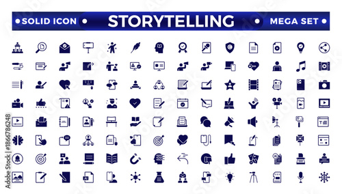 Storytelling and content creator solid icon, creative campaign among blog audience, article, and typewriter of the author. Storytelling solid icons set vector illustration.