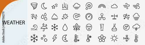 weather and meteorology outline icons, climate forecast symbols vector set