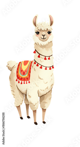 Sweet Watercolor Llama Wearing a Traditional Saddle Blanket png alpha channel isolated on transparent background