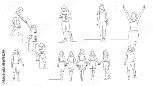 Collection of diverse women in various poses and outfits in a line drawing style