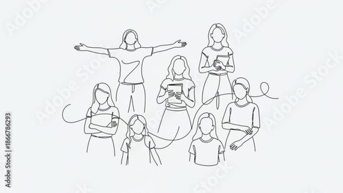 A group of eight people standing together in a line drawing style with various poses