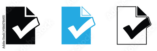 Checkmarks on documents in black, blue, and white,Document icons in different style. Document icons. Different style icons set. Green, blue and orange document icon set