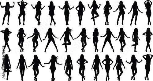 Large Collection of Thirty Beautiful Women Silhouettes Posing in Various Fashion Outfits Isolated on White Background for Diverse Design Projects