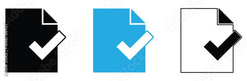 Checkmarks on documents in black, blue, and white,Document icons in different style. Document icons. Different style icons set. Green, blue and orange document icon set