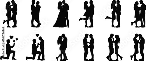 Large vector set of black silhouettes of romantic couples hugging, kissing, and marriage proposal scenes with hearts isolated on white background.