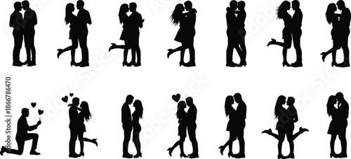Large set of black silhouettes of romantic couples hugging, kissing, and a marriage proposal with hearts isolated on white background.