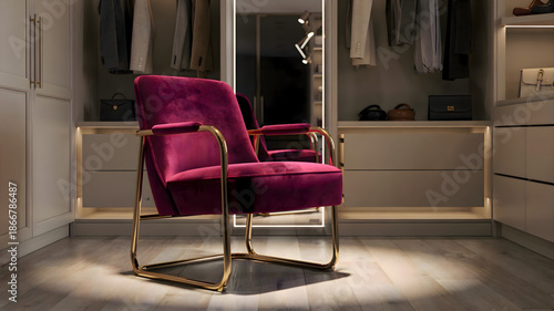 Modern, comfortable chair is prominently situated in the very center of a minimalist, empty room with clean architectural lines and simple design