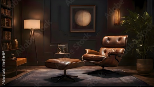 Comfortable chair and an ottoman or footstool are prominently placed in a darkly lit room, creating a moody, atmospheric interior space