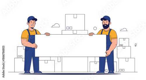 Two smiling movers in uniform holding a large blank banner in front of stacked cardboard boxes, perfect for advertising a moving service.