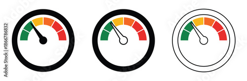 gauge meters with color indicators Speedometer gauge meter icons. Vector scale, level of performance. Info graphic of risk, gauge, score progress icon.Speedometer, gauge meter icons. Vector scale,