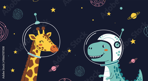 Cute cartoon astronaut giraffe and dinosaur floating in outer space, surrounded by stars, planets, and galaxies on a dark background.
